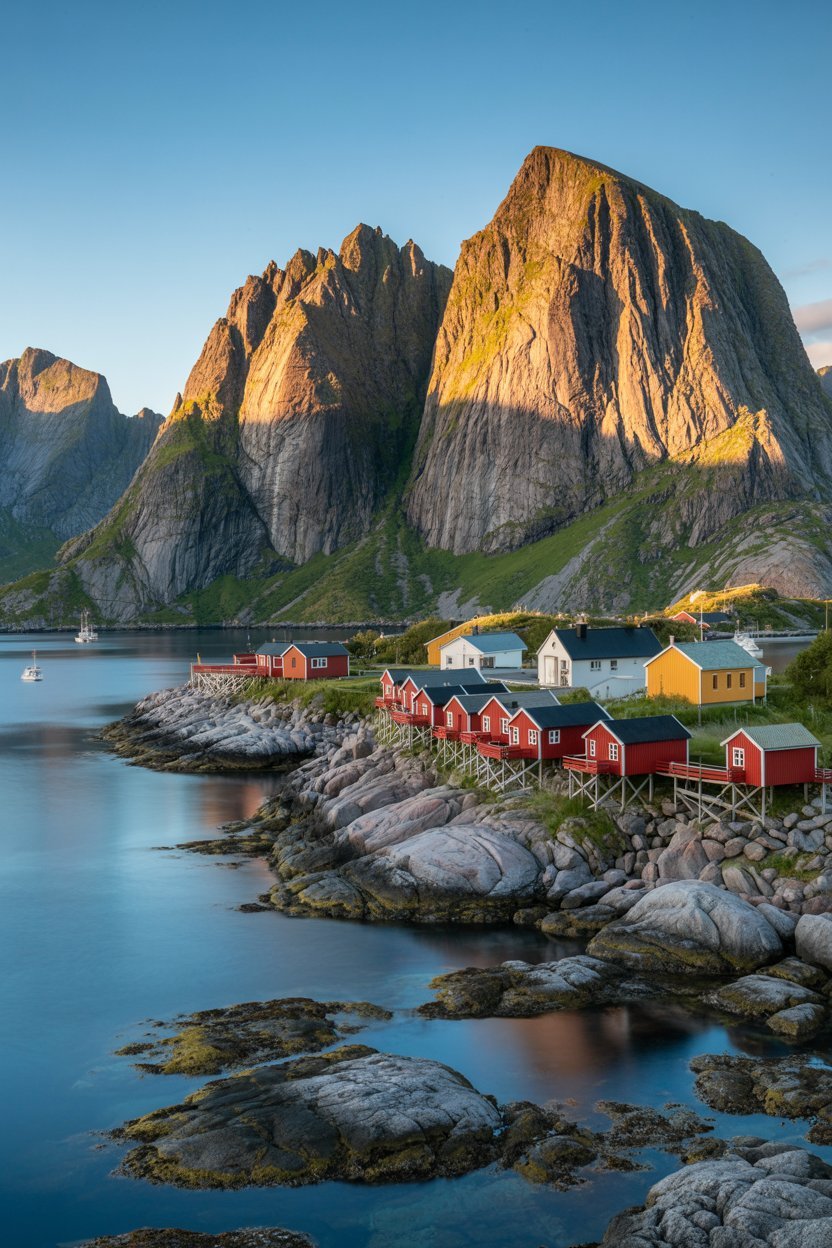 Midnight sun over the Lofoten Islands in summer, Norway coastal mountains glowing under Arctic light