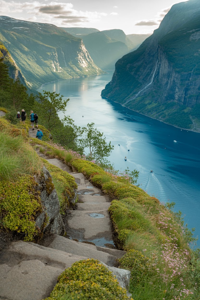 Lush green hiking trail overlooking a Norwegian fjord with steep mountains and calm waters