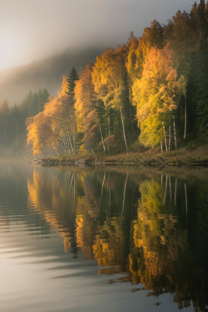 Golden autumn foliage reflected in a Norwegian fjord with calm waters and mountain backdrop