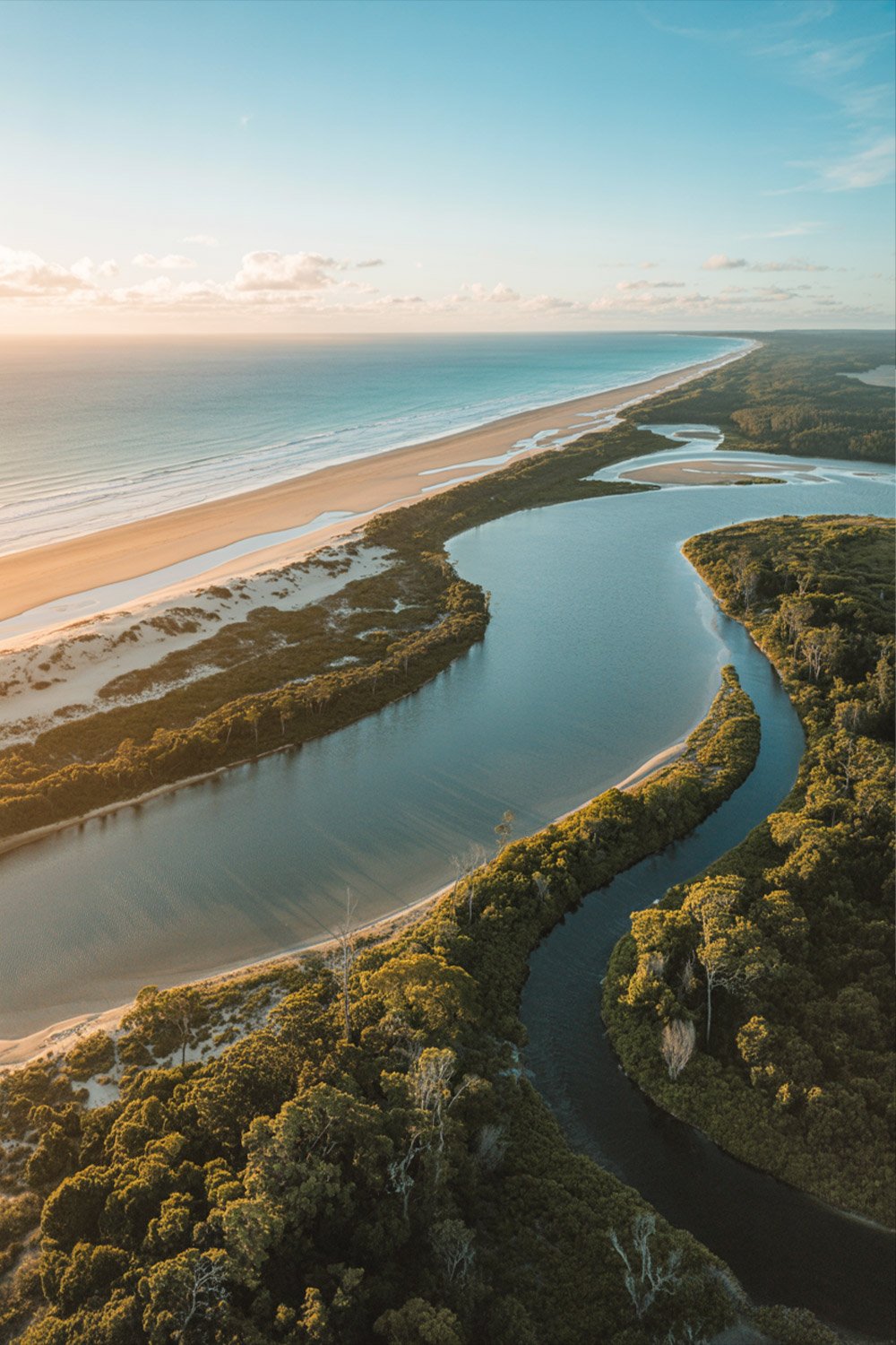 Aerial view of Fraser Island highlighting beaches, forests, and lakes for a 3-day itinerary