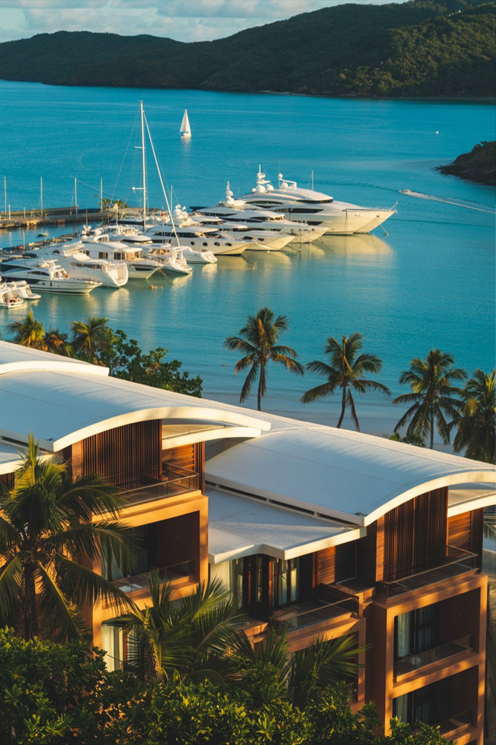 Hamilton Island luxury resorts and marina with yachts in the Whitsundays, Australia