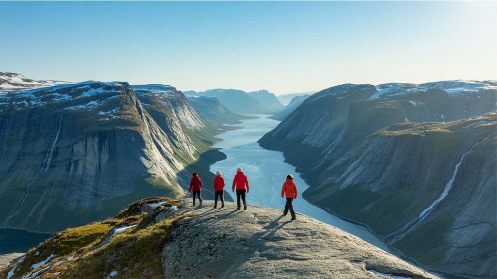 Hiking trail overlooking fjord in Norway
