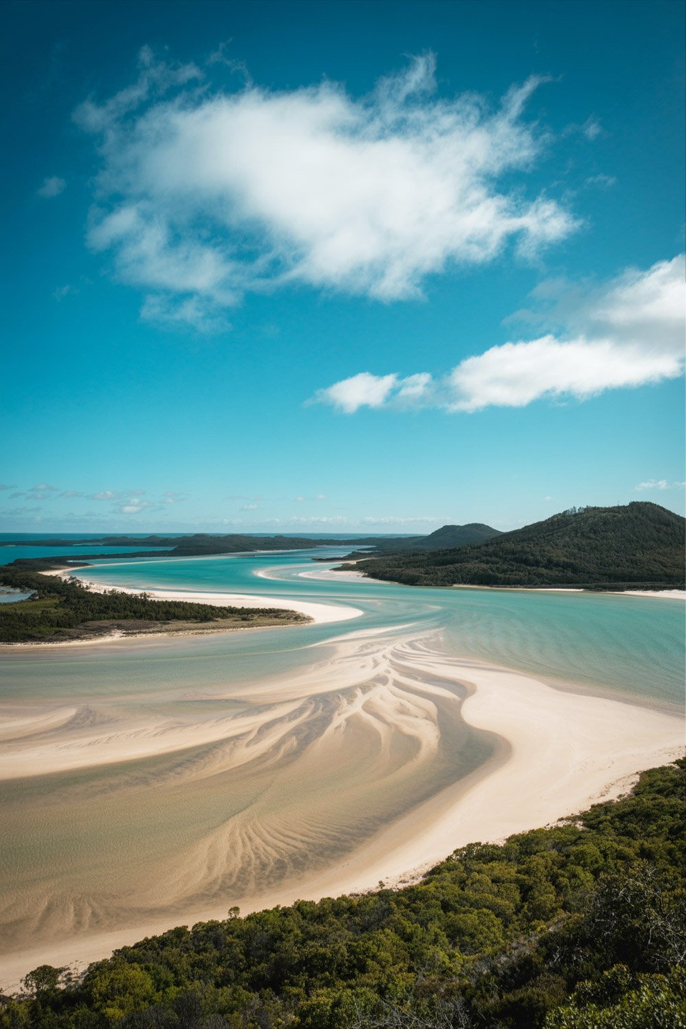 Hill Inlet Lookout aerial view of swirling white sands and turquoise waters in the Whitsundays, Australia