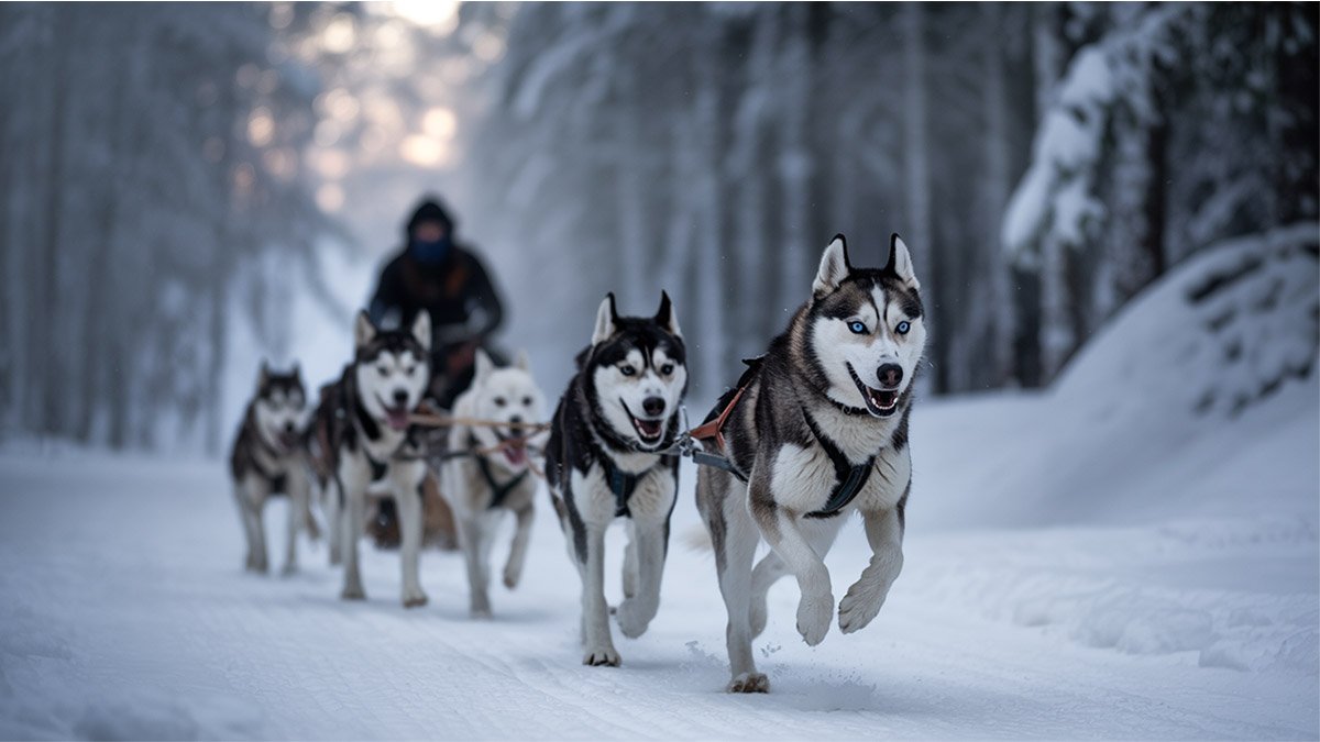 Husky sled team racing through Arctic forest trails in Tromsø