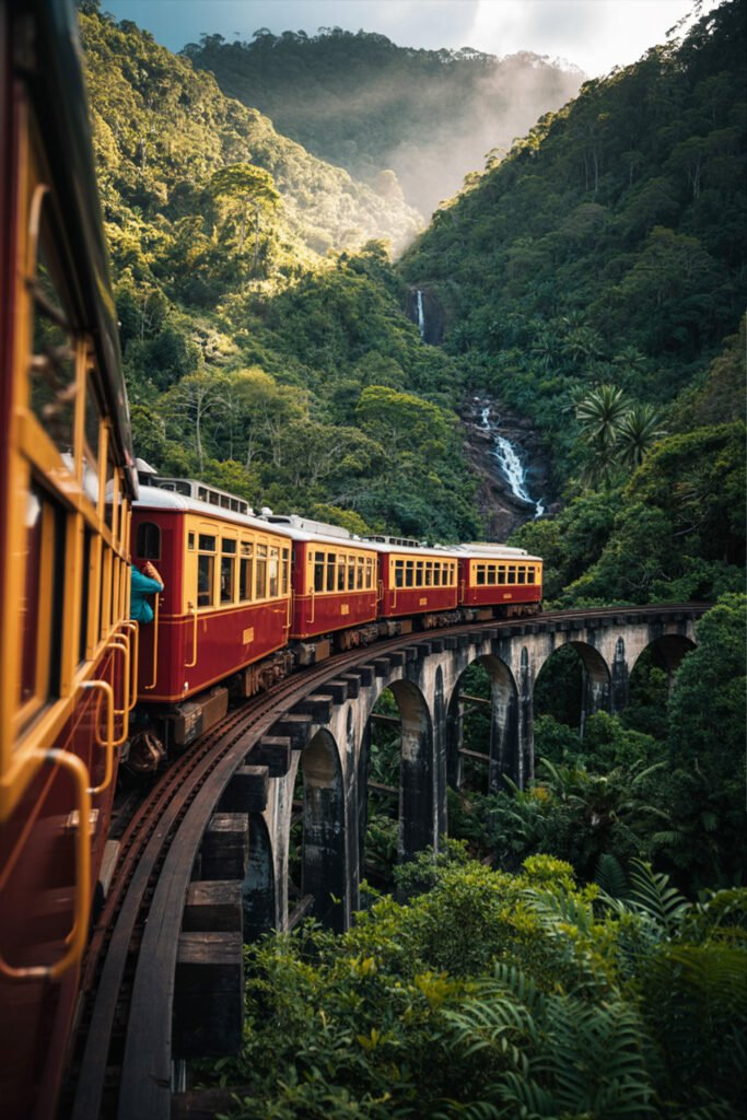 Kuranda Scenic Railway train journey through rainforest mountains near Cairns, Queensland