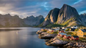 Mountain peaks along the Norwegian Sea in the Lofoten Islands travel guide