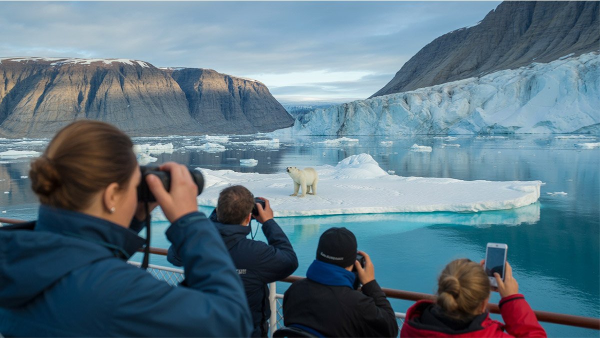 Polar bear viewing during an expedition cruise in Svalbard, showcasing the Arctic wilderness