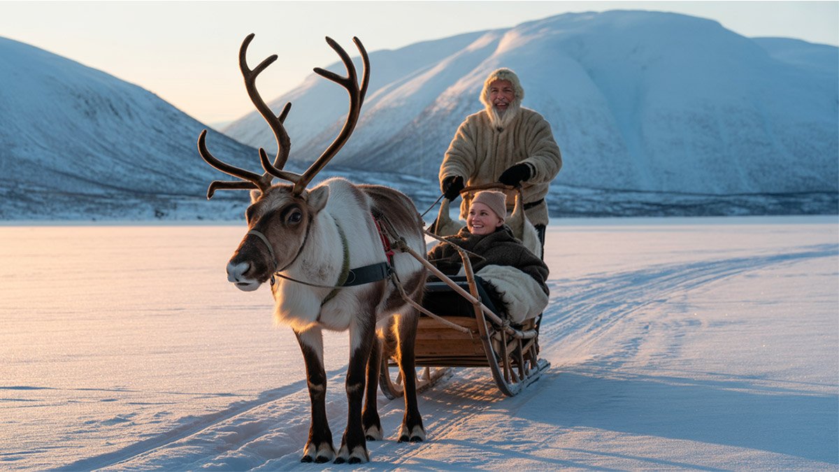 Reindeer sledding through snowy Arctic landscapes in Tromsø
