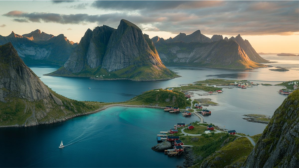Scenic view from Reinebringen viewpoint overlooking Reine village and fjords in the Lofoten Islands, Norway.