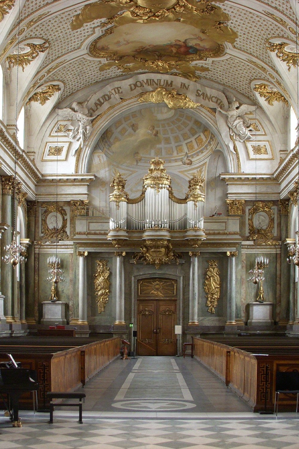 Interior of the Royal Chapel at Stockholm Royal Palace with ornate baroque design