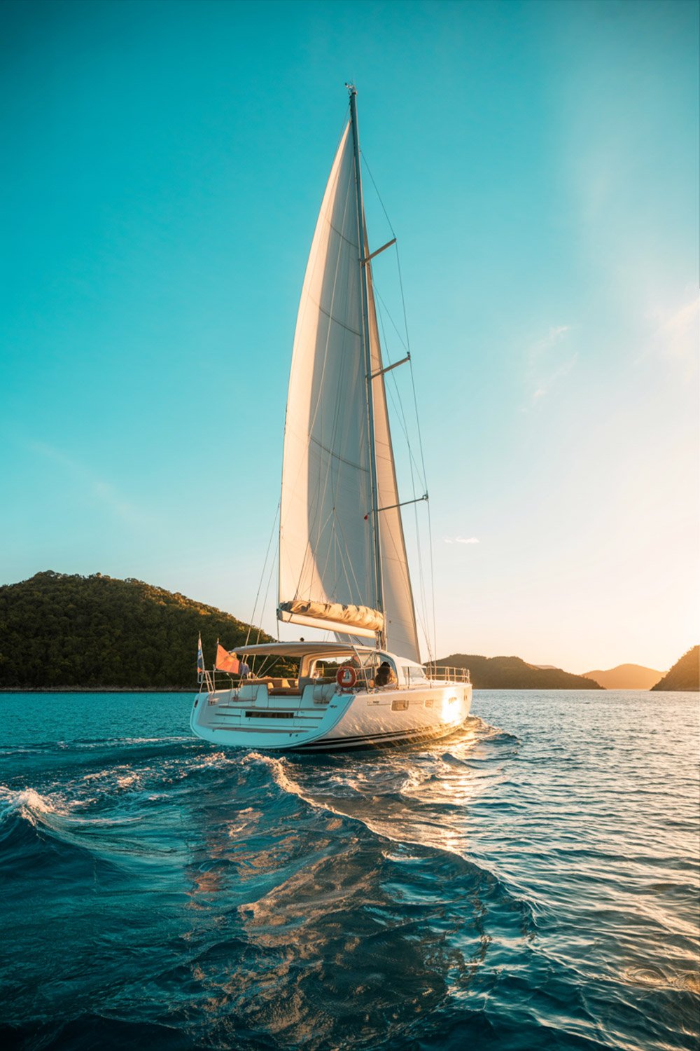 Sailing the Whitsundays yacht at sunset with golden skies over turquoise waters in Australia