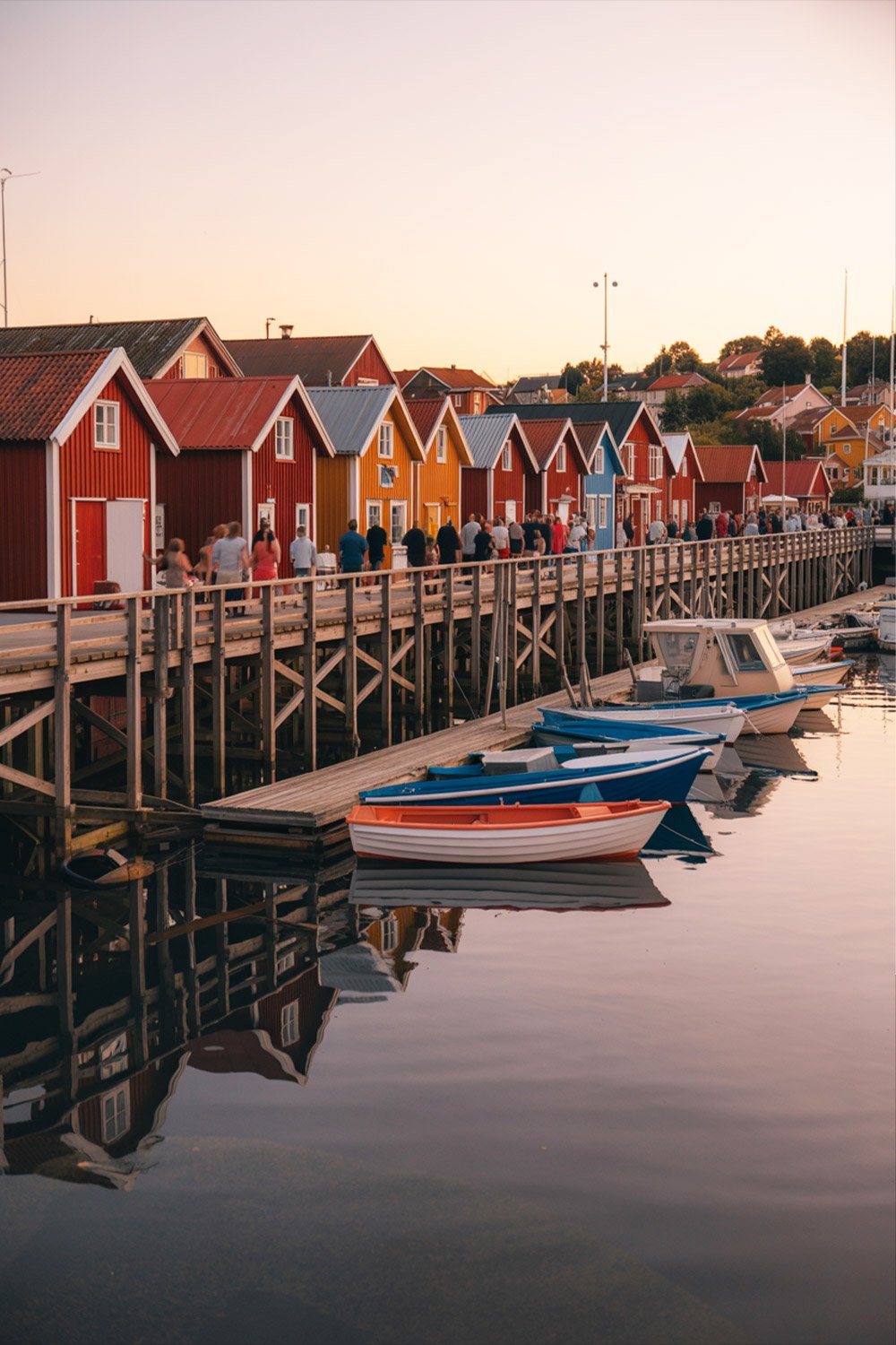 Smögen Sweden fishing huts and wooden boardwalk along the harbor