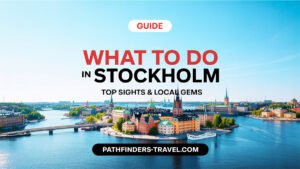 Aerial view of Stockholm city islands and bridges with waterfront landmarks, featured in the Pathfinders Travel Stockholm guide.