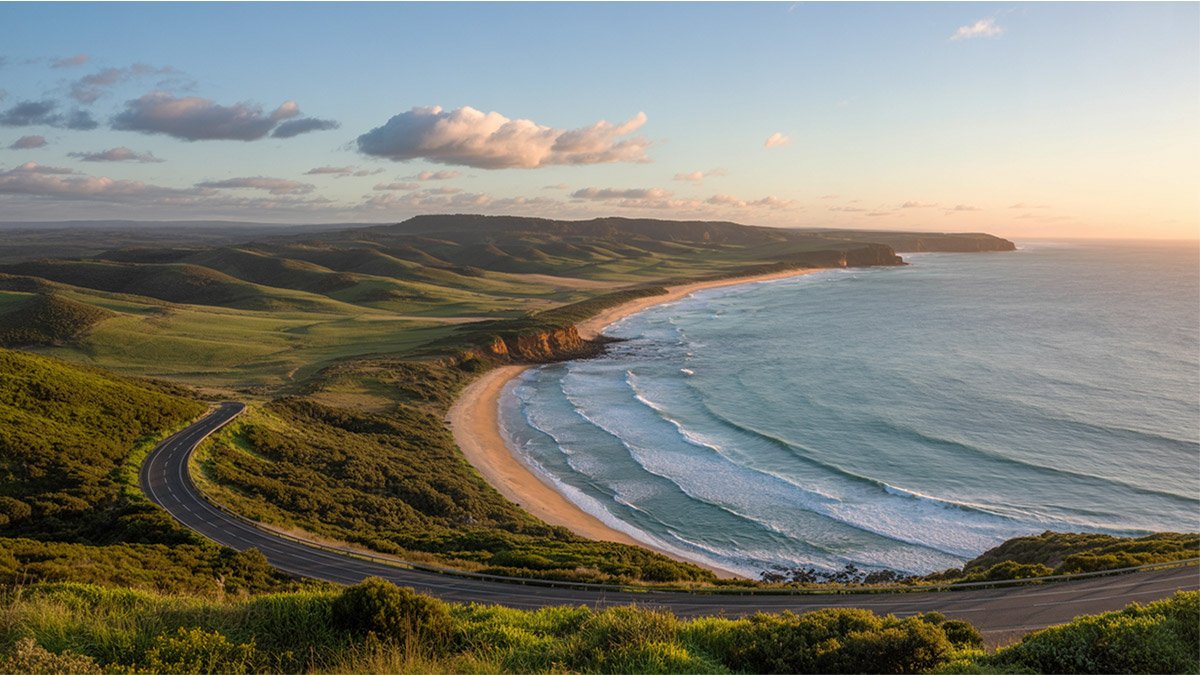 Panoramic view from Teddy’s Lookout along the Great Ocean Road, showcasing the winding coastline and lush hills in Australia.