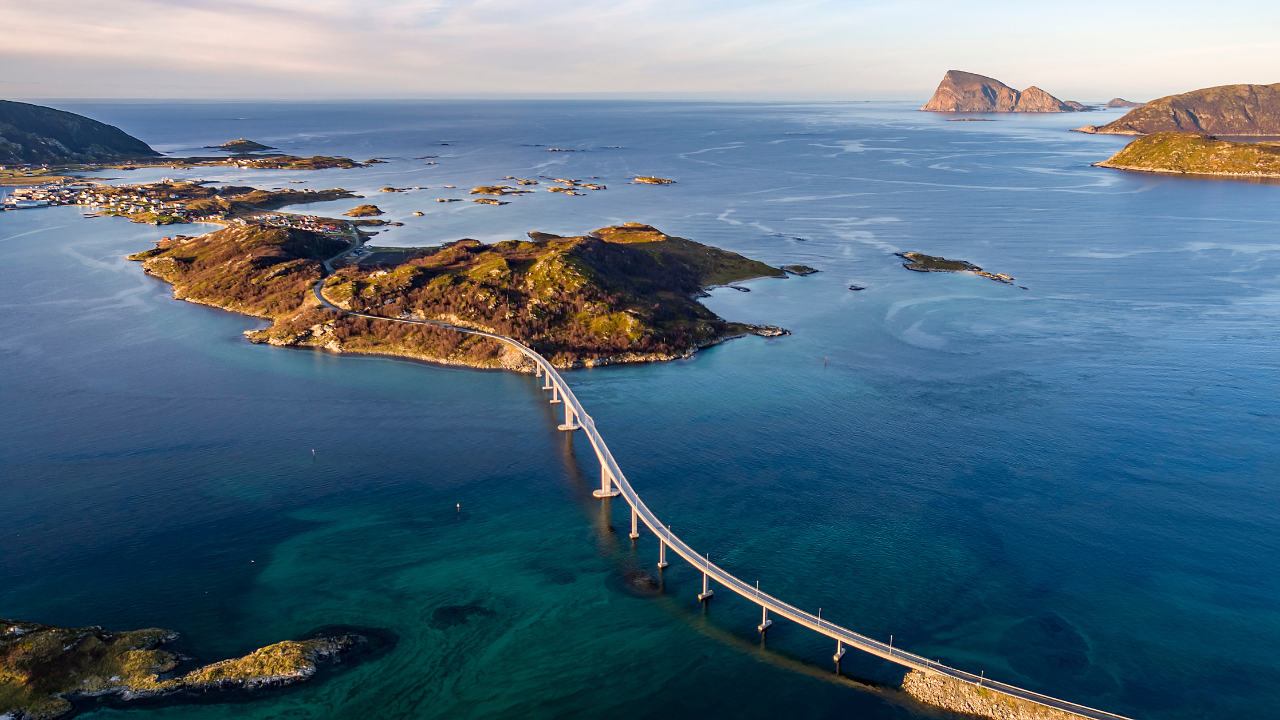 The Atlantic Road with curved Storseisundet Bridge along Norway's coastline