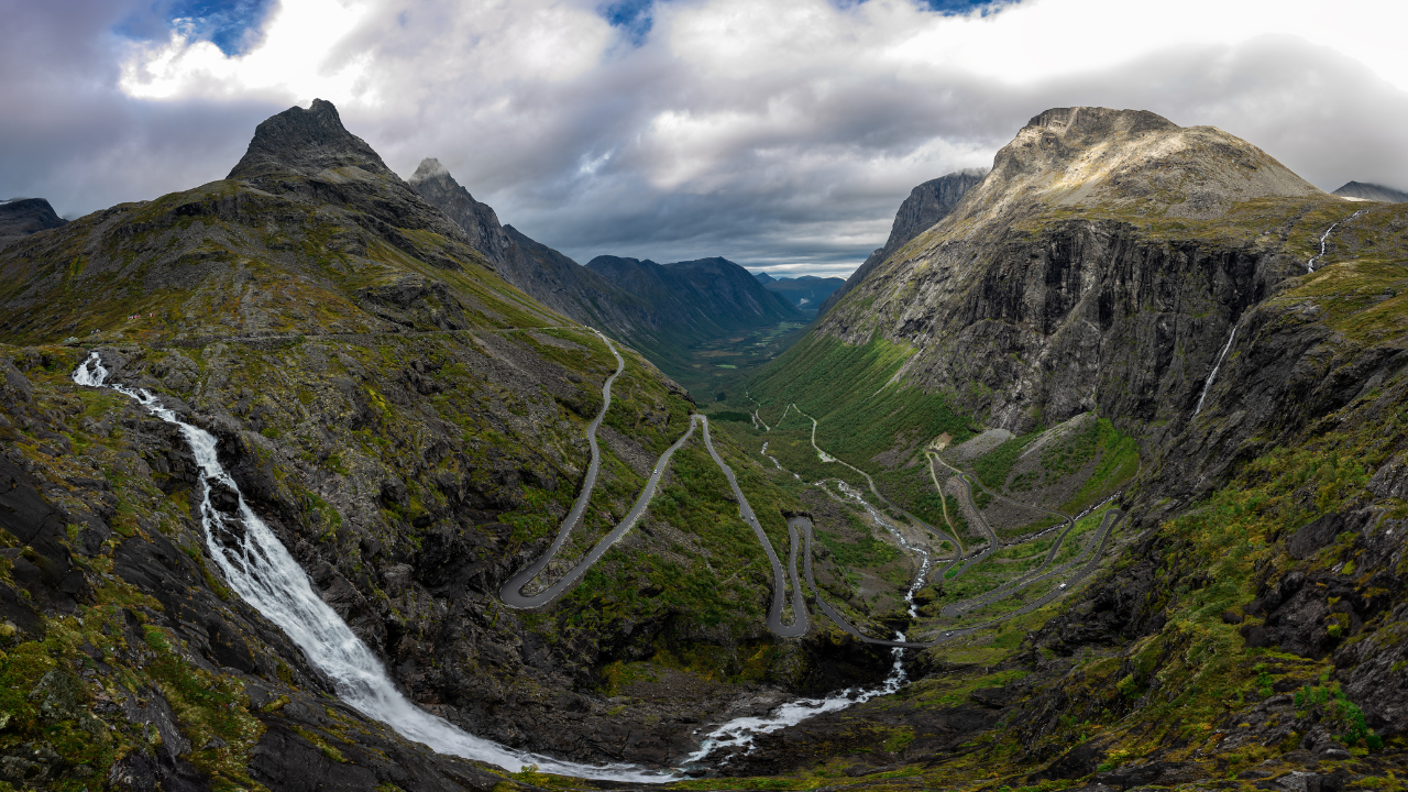 Trollstigen mountain road with hairpin bends and dramatic cliffs in Norway
