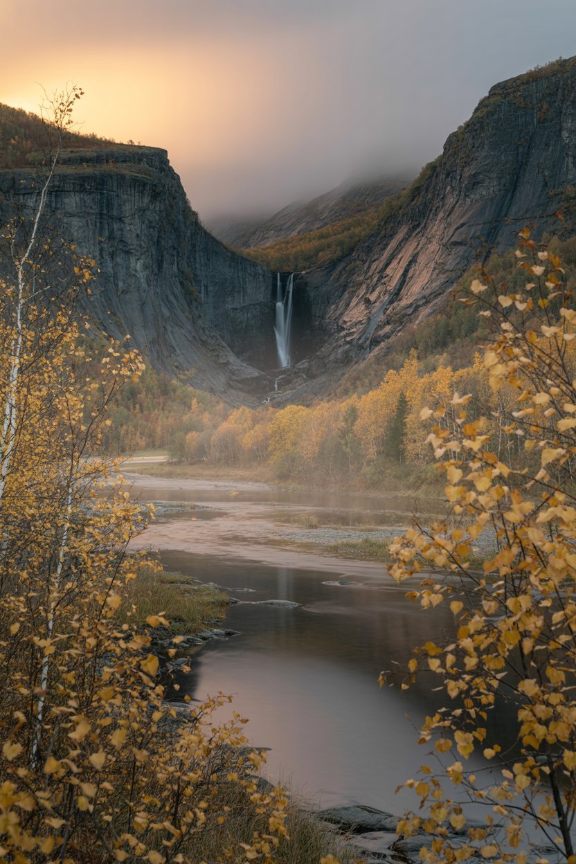 Utladalen Valley in Norway during autumn with golden foliage and mountain scenery