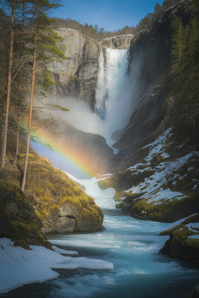 Vettisfossen Norway waterfall during spring snowmelt in Årdal, Vestland