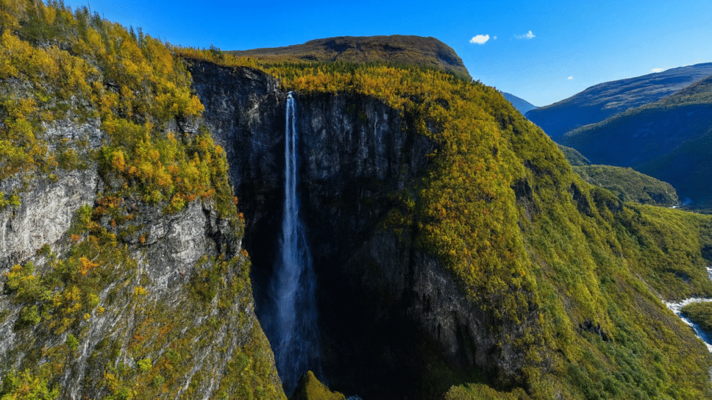 Cascating Vettisfossen in Sogn og Fjordane in a sunny day