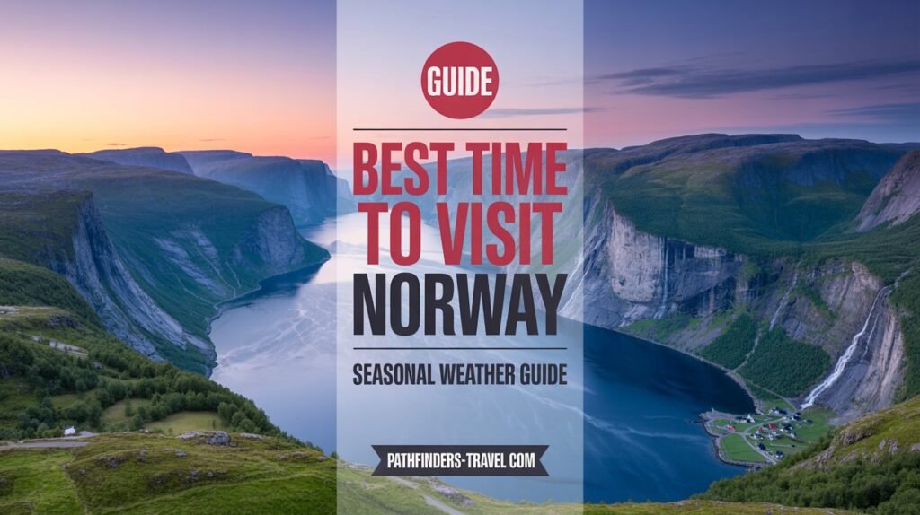 Best time to visit Norway scenic fjord landscape with mountains and water, Pathfinders Travel seasonal guide illustration