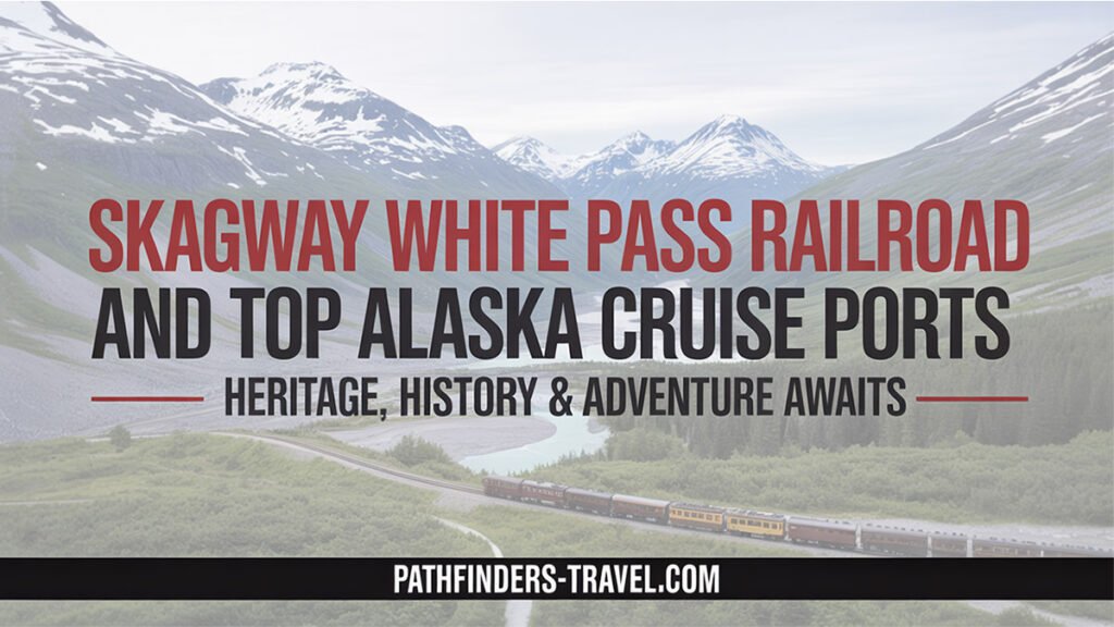 Skagway White Pass Railroad in Alaska cruise ports with train winding through mountains, a highlight of Pathfinders Travel’s top Alaska port guide.