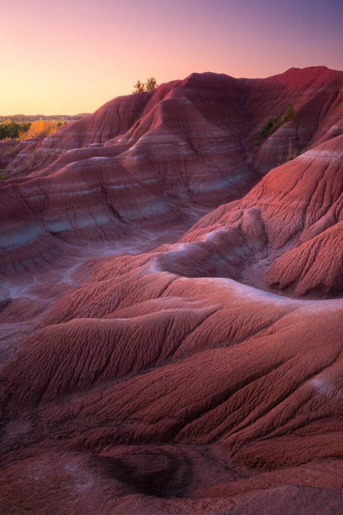Cheltenham Badlands in Ontario, showcasing red Queenston shale hills with dramatic ridges and gullies, highlighted in Pathfinders Travel’s exploration of Ontario’s natural wonders.