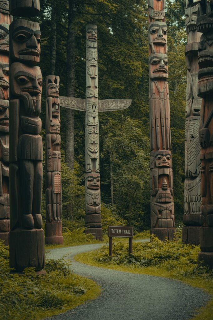 Totem poles at Sitka National Historical Park in Alaska, showcasing Tlingit heritage and cultural history for Alaska cruise visitors.
