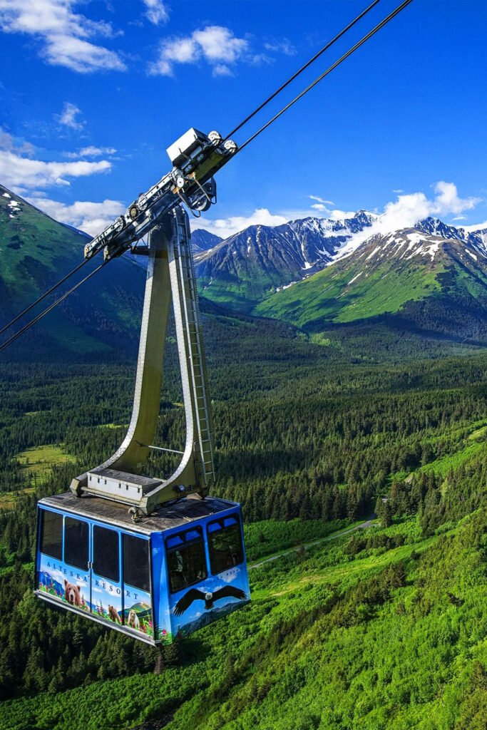Alyeska Aerial Tram in Girdwood with summer views of Turnagain Arm and Chugach Mountains