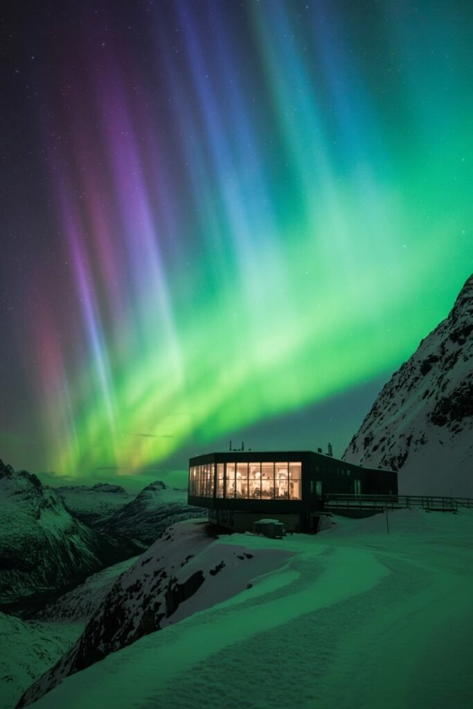 The Aurora Sky Station in Abisko National Park at night, illuminated by the vibrant Northern Lights.
