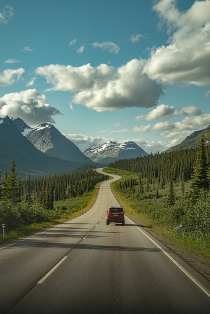 Alaska road trip highway through mountains – scenic travel guide on how to get to Alaska with Pathfinders Travel