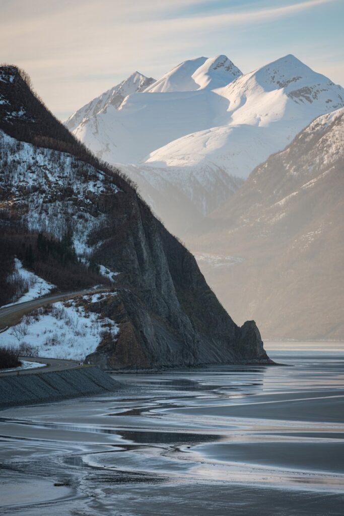 Turnagain Arm bore tide and coastal cliffs along the Seward Highway scenic drive from Anchorage