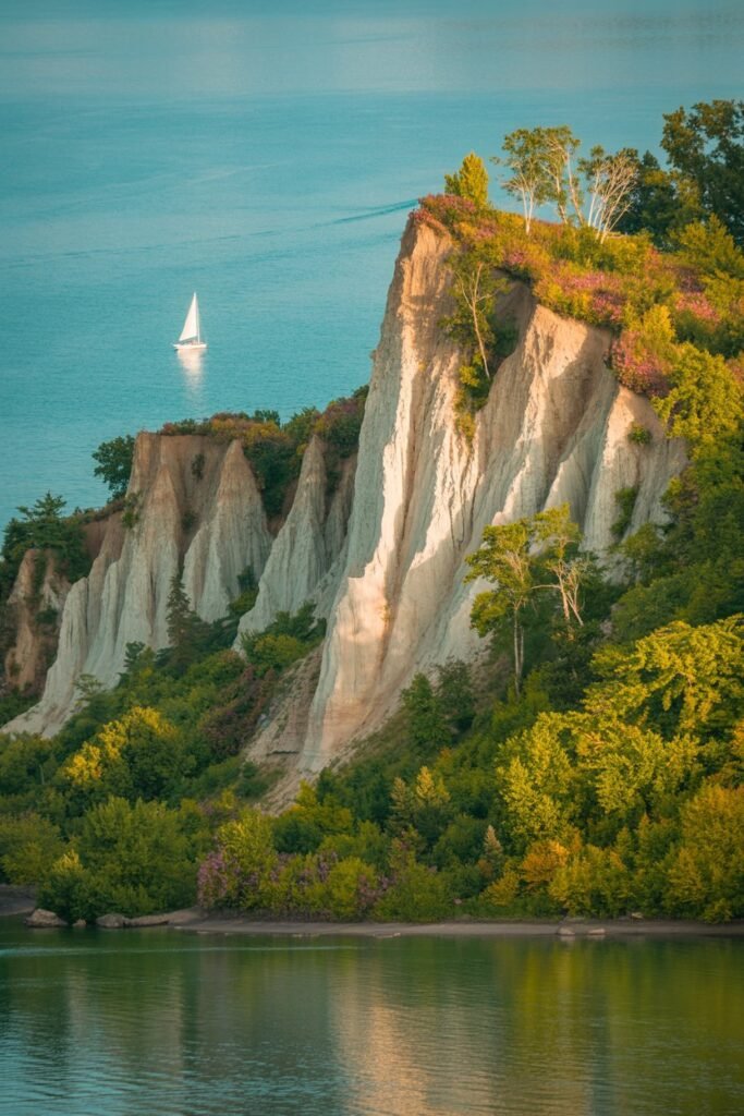 Scarborough Bluffs along Lake Ontario, featuring dramatic cliffs and layered sand and clay formations, highlighted in Pathfinders Travel's exploration of Ontario’s natural wonders.