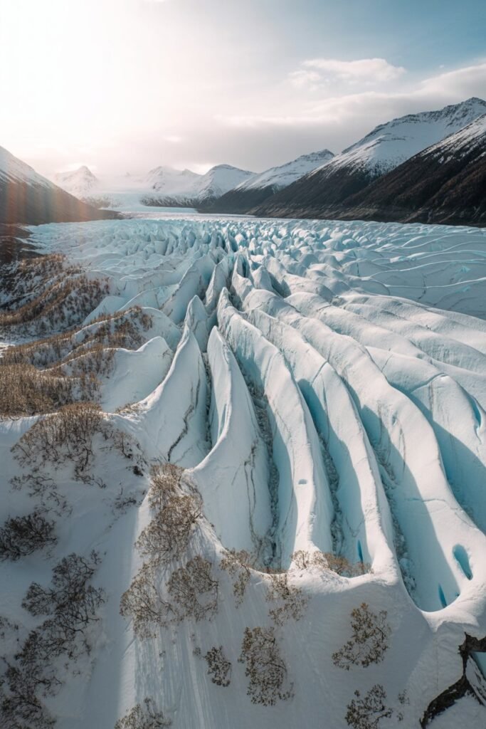 Aerial view of Taku Glacier in Juneau Alaska showing vast ice fields and crevasses – Pathfinders Travel