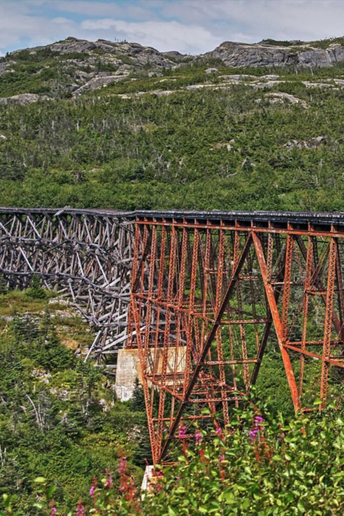 White Pass Railroad crossing Dead Horse Gulch in Skagway Alaska, showcasing dramatic mountain scenery and historic gold rush routes.