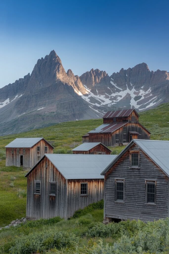 Historic mining buildings at Independence Mine State Historical Park in Hatcher Pass Alaska