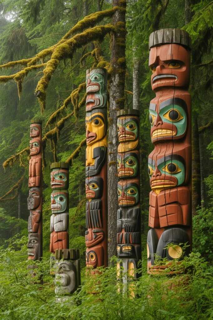 Totem poles at Totem Bight State Historical Park in Ketchikan Alaska, showcasing Indigenous art and culture, a highlight of top Alaska cruise ports.