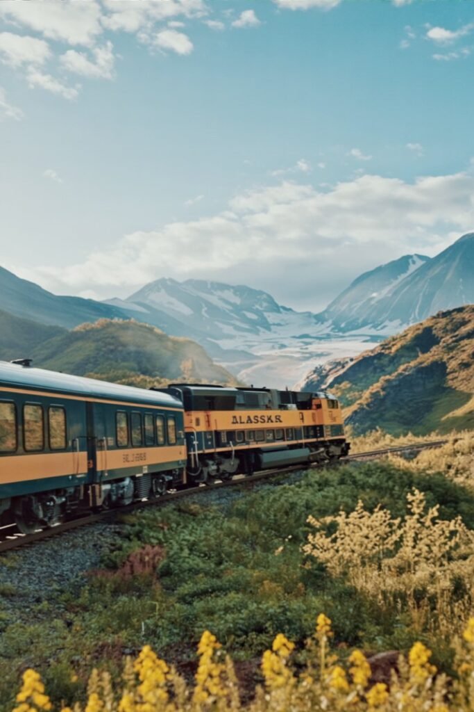 Alaska Railroad train with mountains – scenic transportation guide for how to get to Alaska, Pathfinders Travel