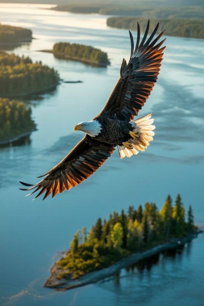 Bald eagle flying above the St Lawrence River Ontario waterways guide Pathfinders Travel