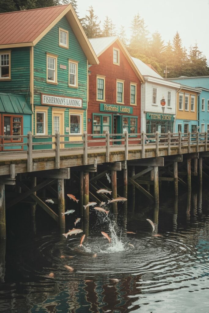 Creek Street Historic Boardwalk in Ketchikan Alaska showcasing colorful waterfront buildings, part of the top Alaska cruise port highlights with Pathfinders Travel.
