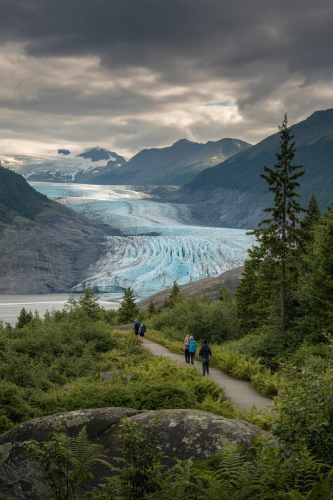 Hikers on the Mendenhall Glacier trail in Juneau showcasing affordable Alaska travel and vacation cost savings with Pathfinders Travel