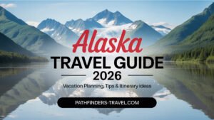 Alaska travel guide 2026 featured image showcasing glaciers, mountains, and wilderness scenery for Pathfinders Travel blog