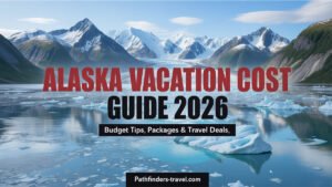 Alaska vacation cost featured image showing glaciers and mountains, highlighting budget tips and travel deals in the 2026 Pathfinders Travel guide