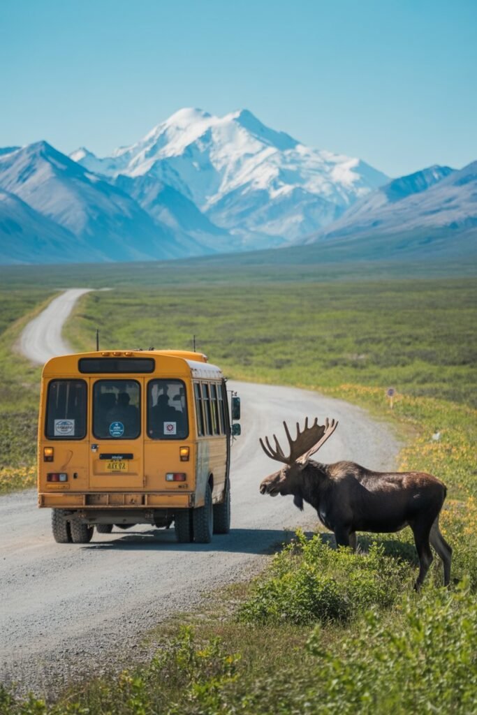 Denali National Park Alaska shuttle bus with wildlife viewing and Denali peak in 2026 itinerary