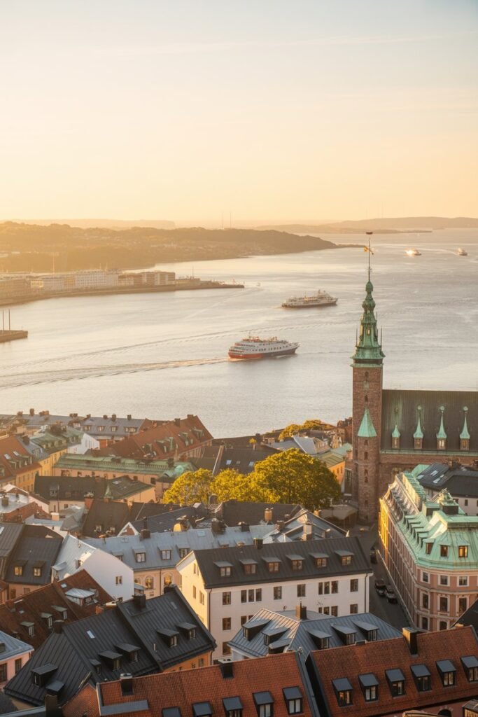 Helsingborg Travel Guide: panoramic view from Kärnan Tower over the Öresund Strait toward Denmark and the city waterfront – Pathfinders Travel