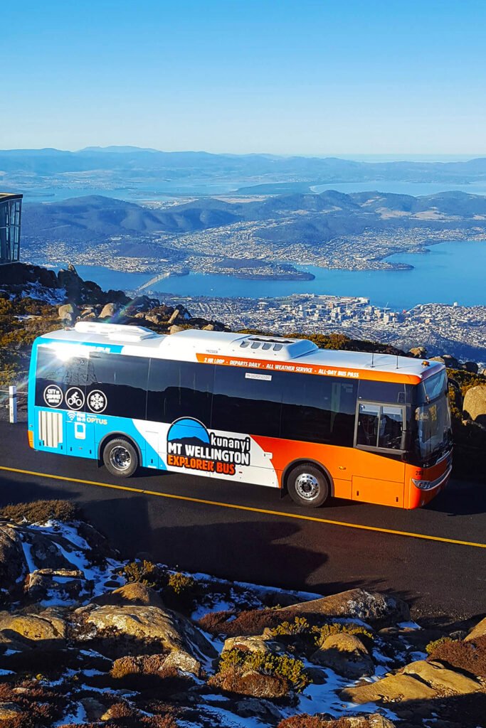 Mt Wellington Explorer Bus on Pinnacle Road with Hobart views Tasmania