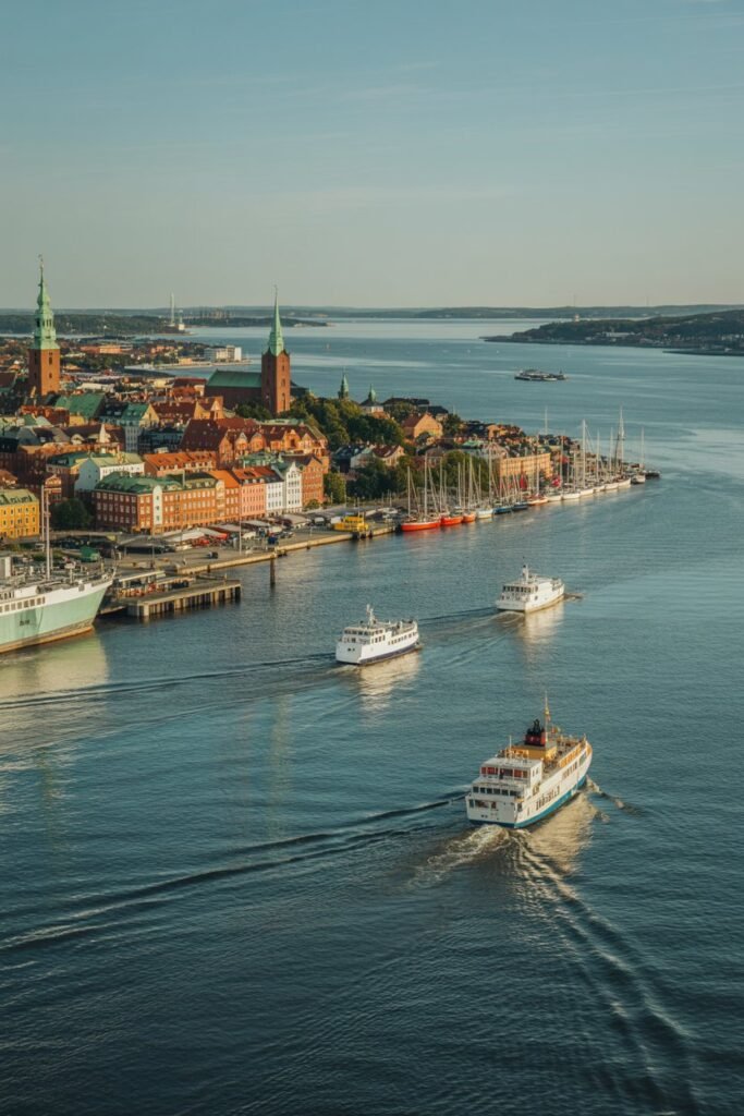Helsingborg travel guide: Öresund ferries on the strait with Helsingborg waterfront skyline and Kärnan Tower in view, Pathfinders Travel