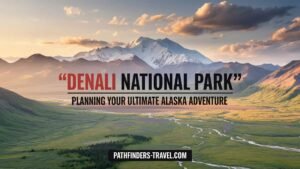 Denali National Park Alaska travel guide showing Denali Mountain and the Alaska Range during summer under clear blue skies