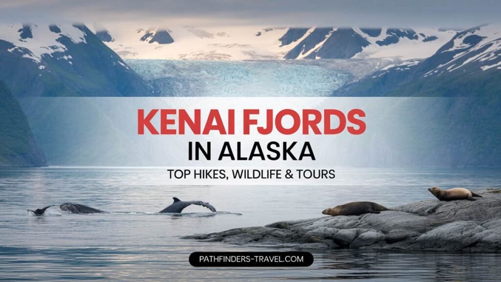 Aerial view of Kenai Fjords National Park in Alaska, showcasing glacier-covered mountains meeting the ocean — featured in the Kenai Fjords National Park Guide by Pathfinders Travel.