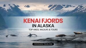 Aerial view of Kenai Fjords National Park in Alaska, showcasing glacier-covered mountains meeting the ocean — featured in the Kenai Fjords National Park Guide by Pathfinders Travel.