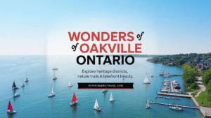 Oakville Ontario waterfront marina and Lake Ontario view at sunrise featuring sailboats, docks, and scenic shoreline captured for Pathfinders Travel’s Oakville day trip guide.